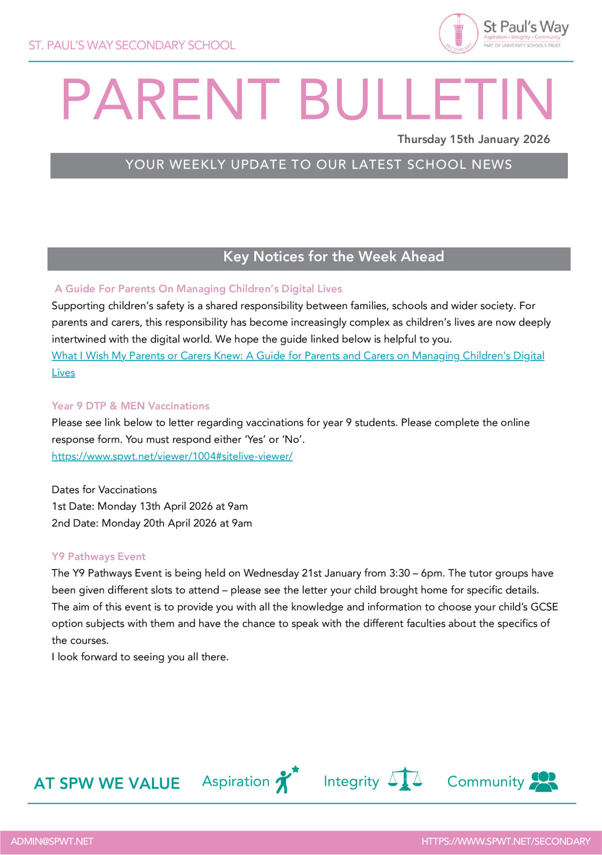 Parent Bulletin - Thursday 15th January 2026 - St Paul's Way