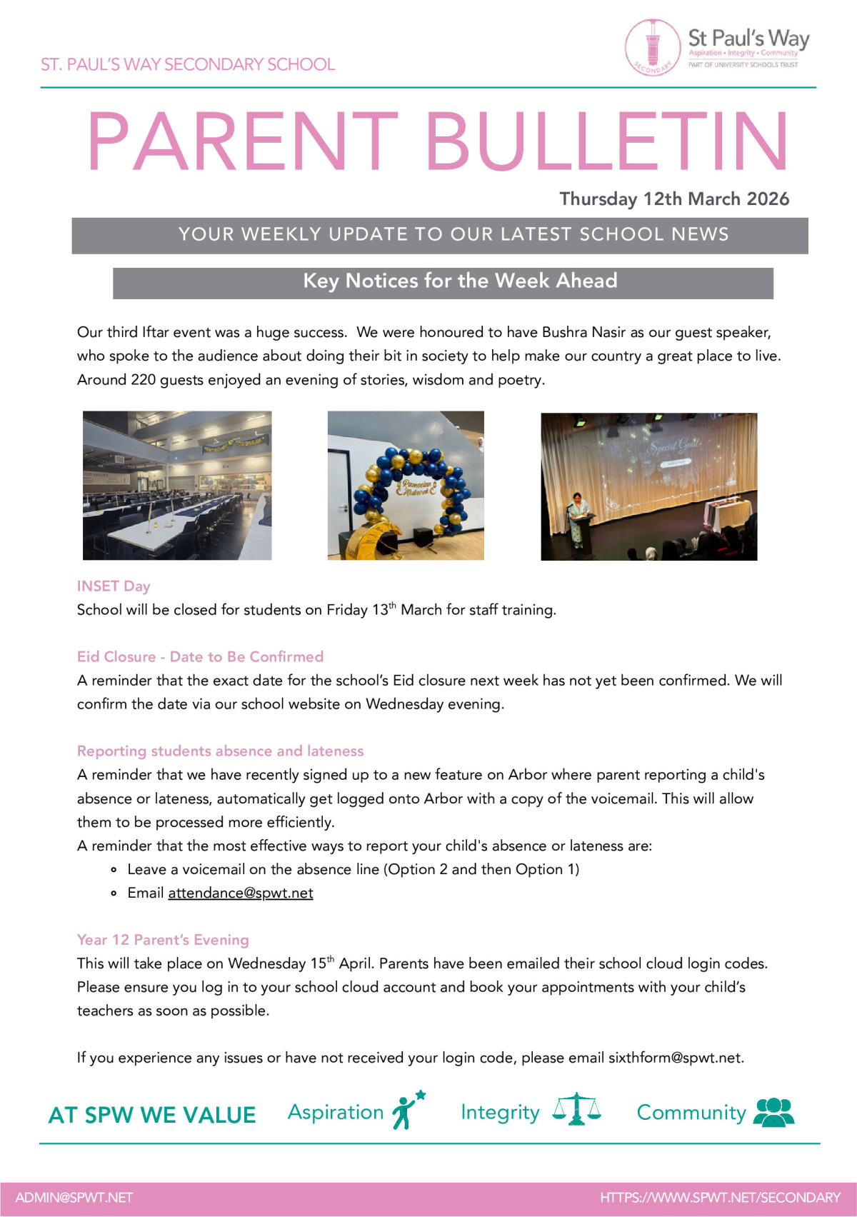 Parent Bulletin - Thursday 12th March 2026 - St Paul's Way