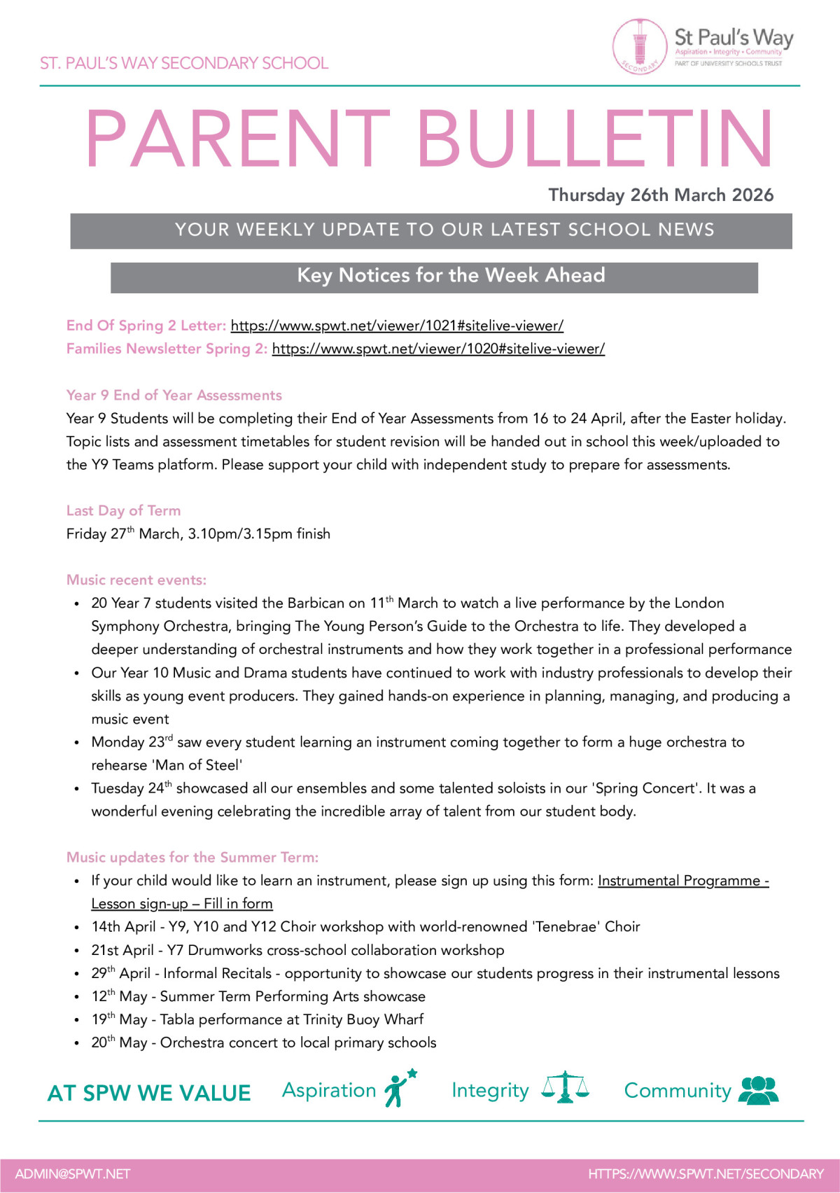 Parent Bulletin - Thursday 26th March 2026 - St Paul's Way