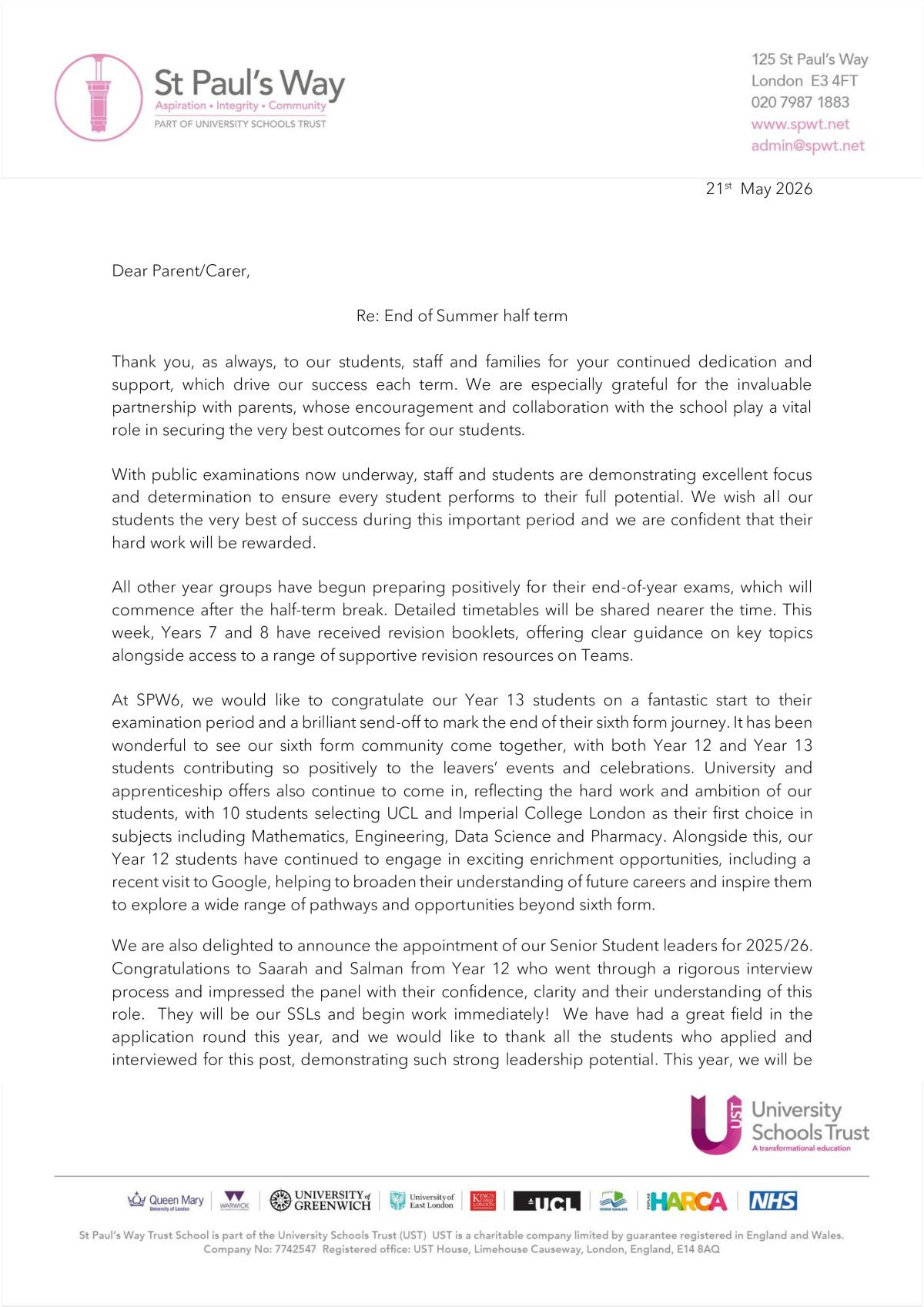 End of Term Letter - Summer 1 2026 - St Paul's Way