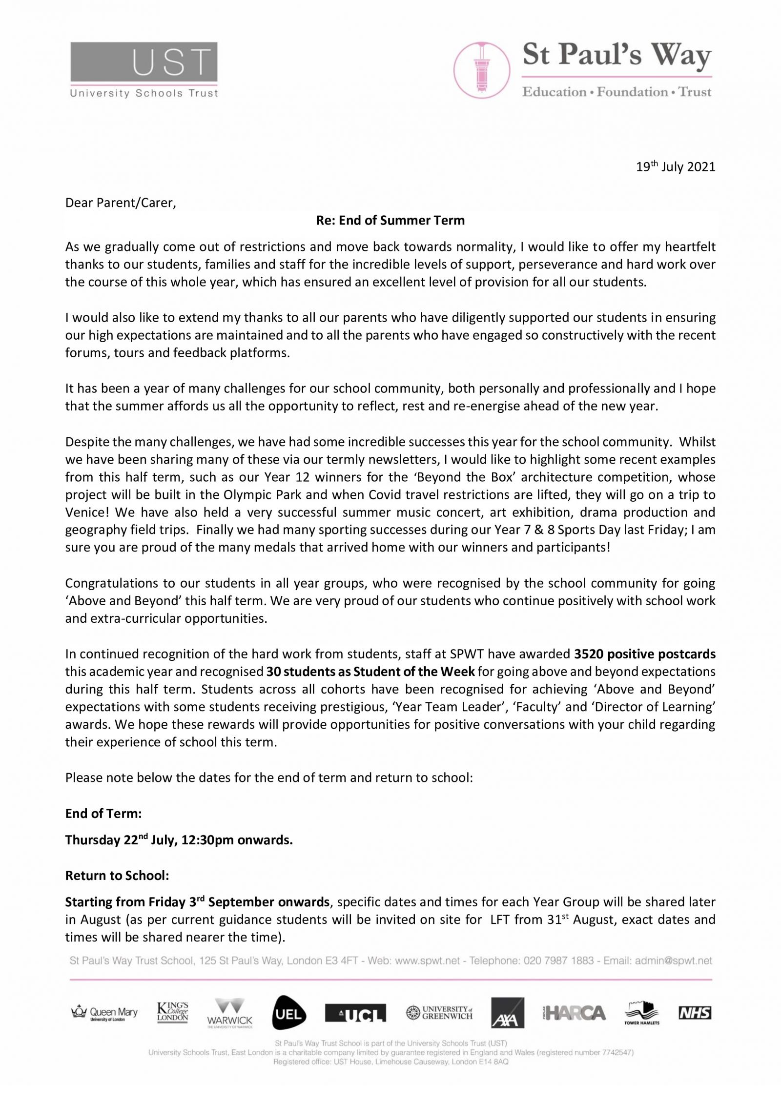 End of Summer Term - July 2021 - St Paul's Way