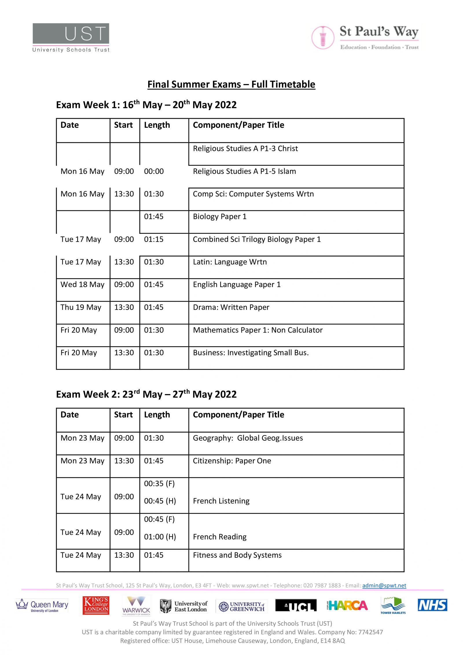 Year 11 - Summer Exams Timetable - St Paul's Way