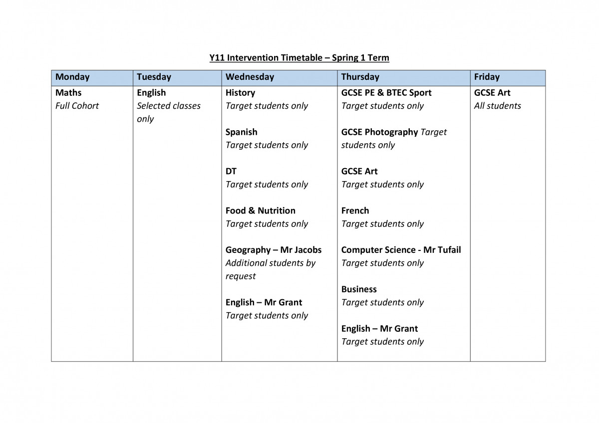 Year 11 Intervention Timetable - Spring 1 2023 - St Paul's Way