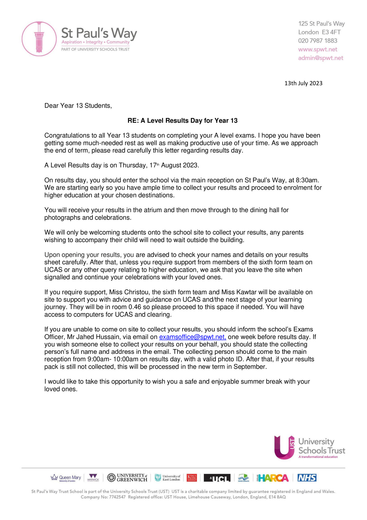 A Level Results Day for Year 13 - St Paul's Way