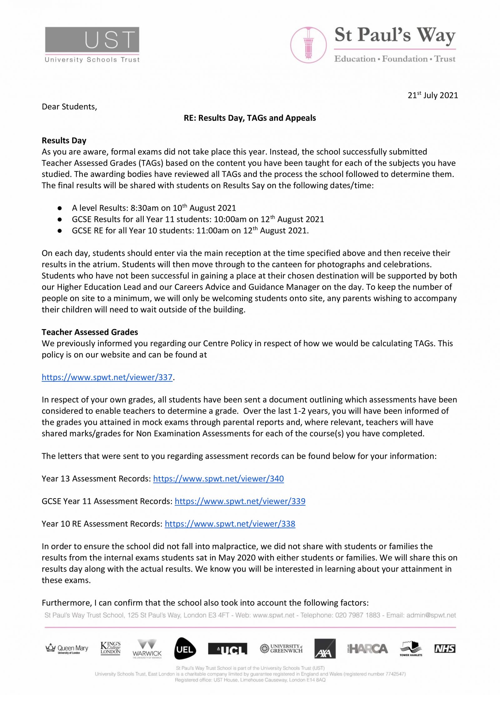 Summer 2021 Results Bulletin - St Paul's Way